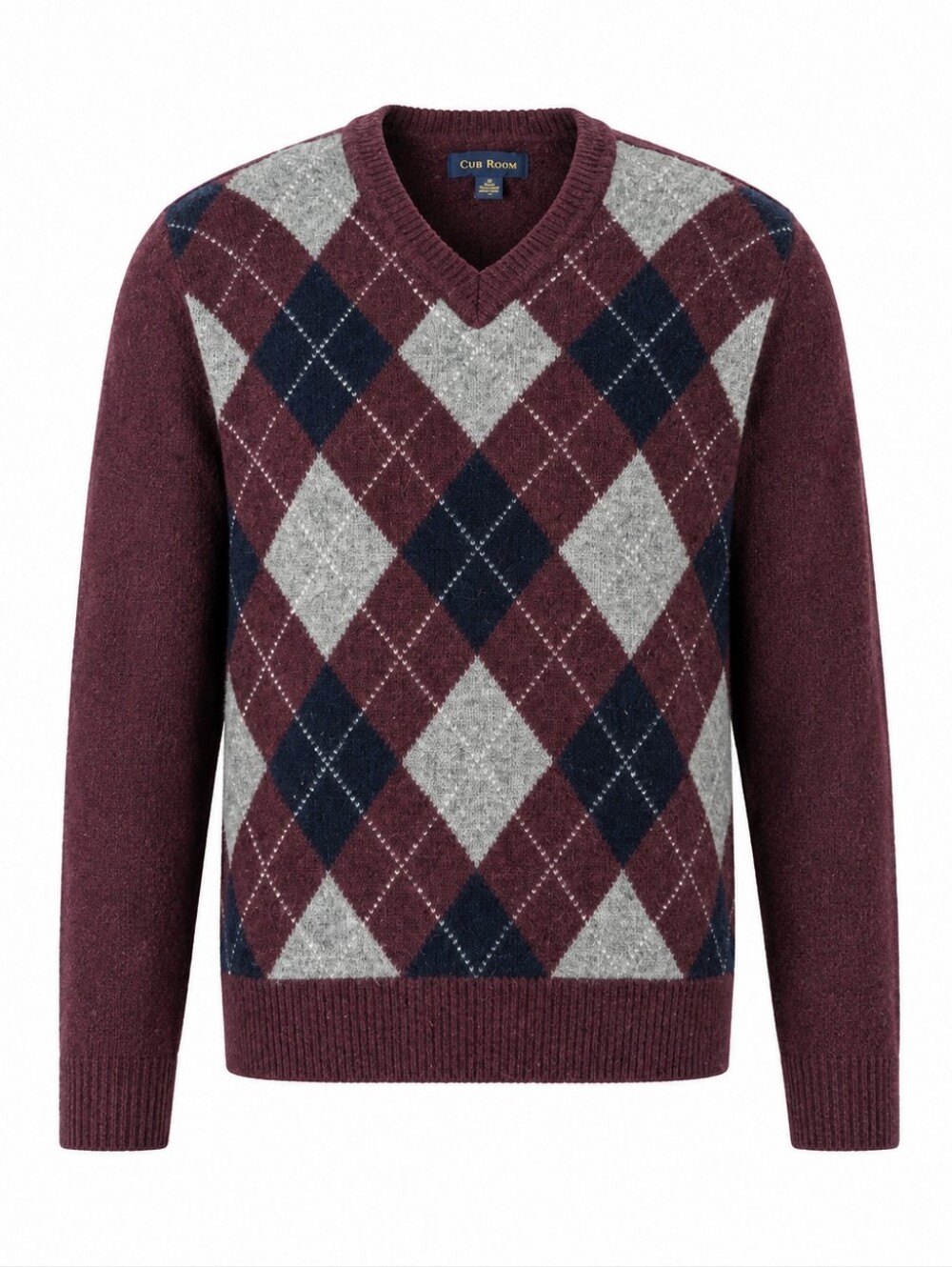 Club Room 100% Lambswool Luxury Layering Men’s Burgundy Argyle V-Neck Sweater S